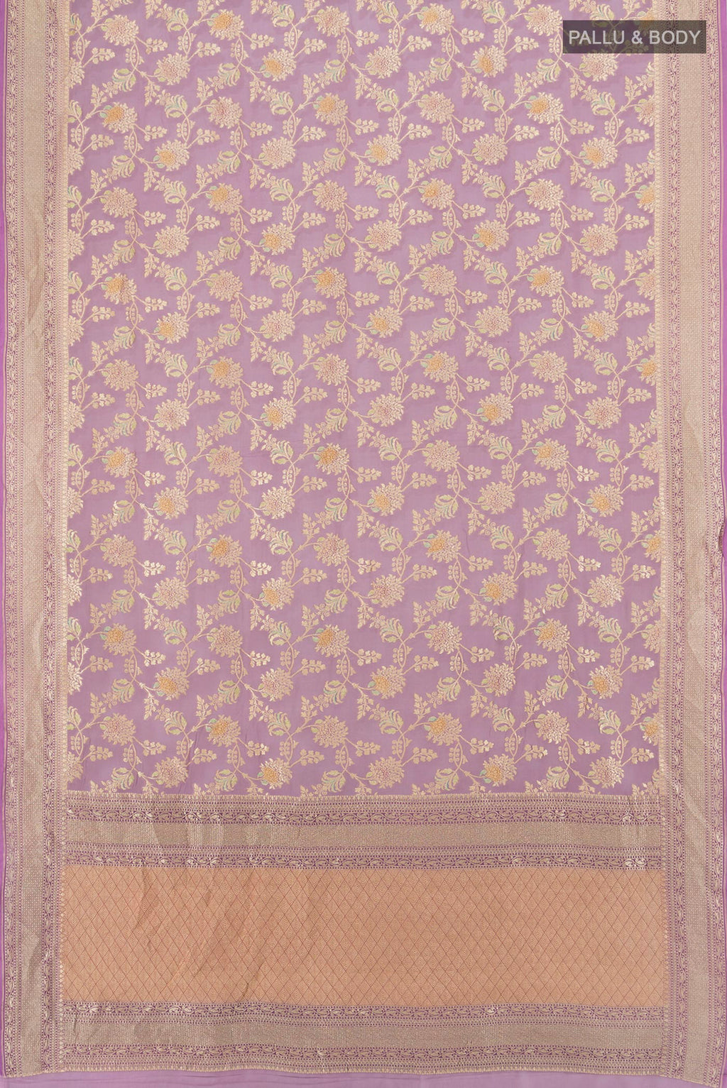 Flat view of Lavender Banarasi Georgette Saree with Zari Brocade on the body and Zari Border. 