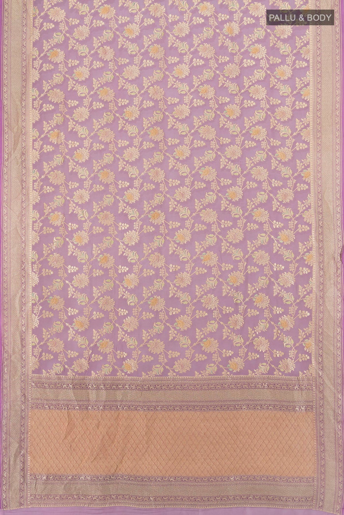 Flat view of Lavender Banarasi Georgette Saree with Zari Brocade on the body and Zari Border. 