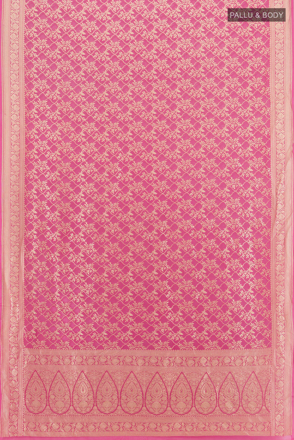 Flat view of Pink Banarasi Georgette Saree with Zari Butta on the body and Zari Border. 