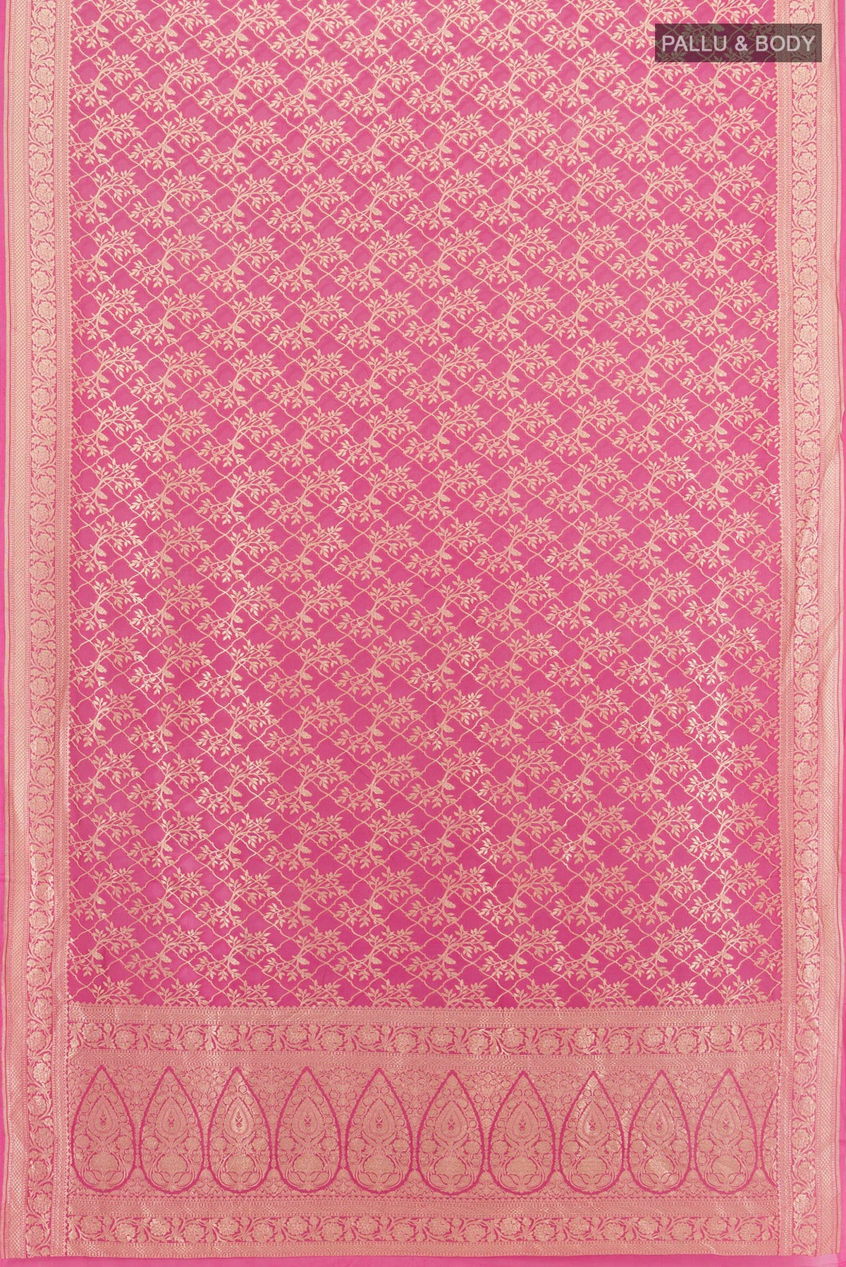 Flat view of Pink Banarasi Georgette Saree with Zari Butta on the body and Zari Border. 