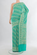 Sea Green Banarasi Georgette Saree with Zari Brocade on the body and Zari Border.  displayed on a mannequin