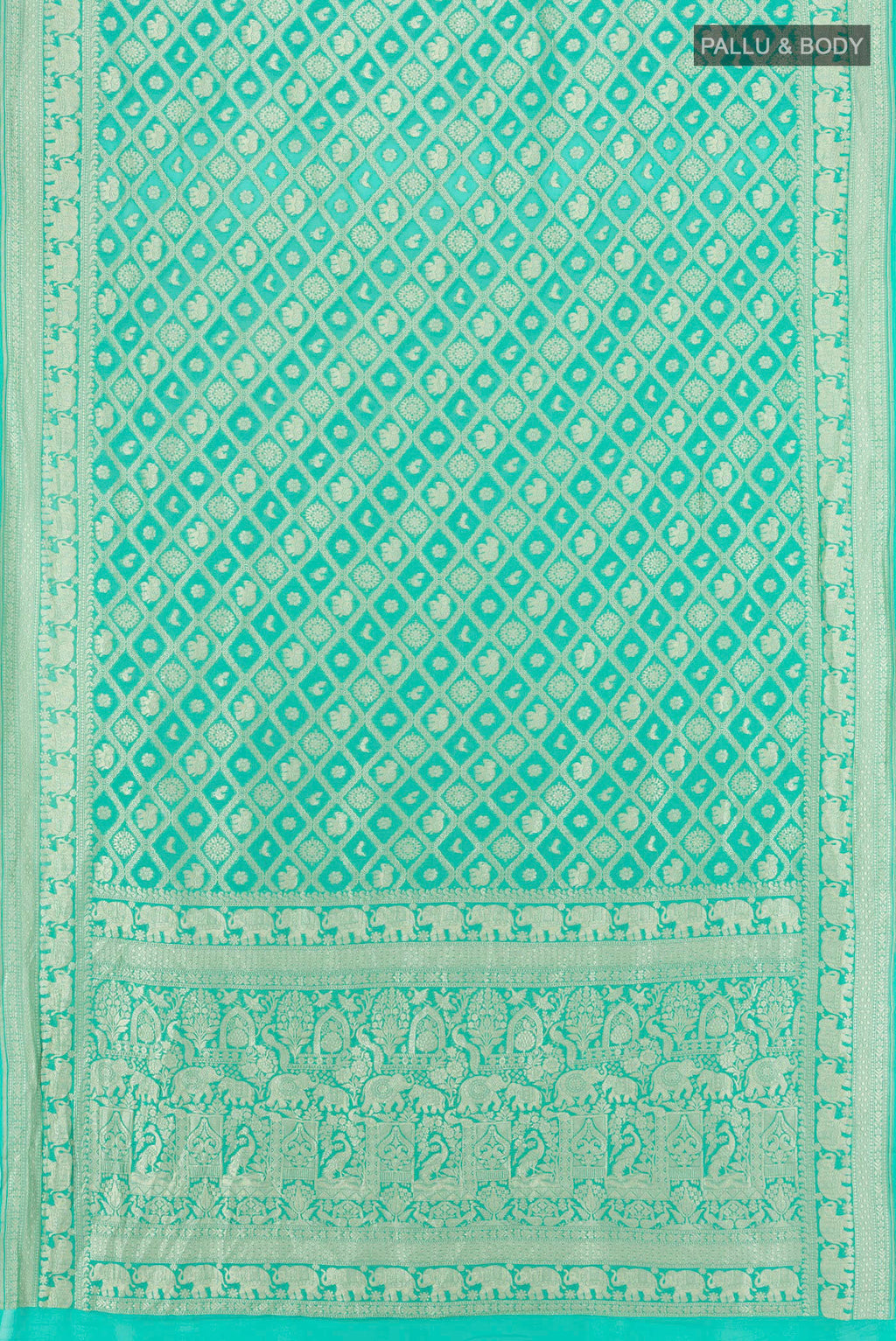 Flat view of Sea Green Banarasi Georgette Saree with Zari Brocade on the body and Zari Border. 