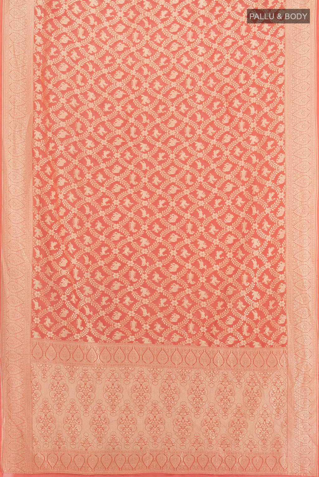 Flat view of Peach Banarasi Georgette Saree with Zari Butta on the body and Zari Border. 