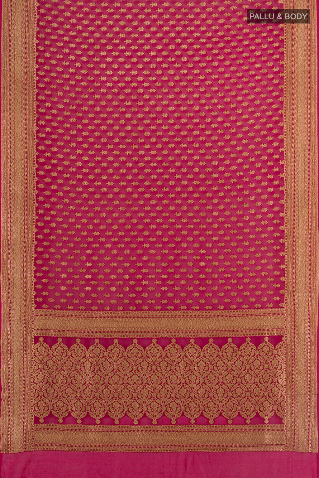 Flat view of Maroon Banarasi Georgette Saree with Zari Butta on the body and Zari Border. 