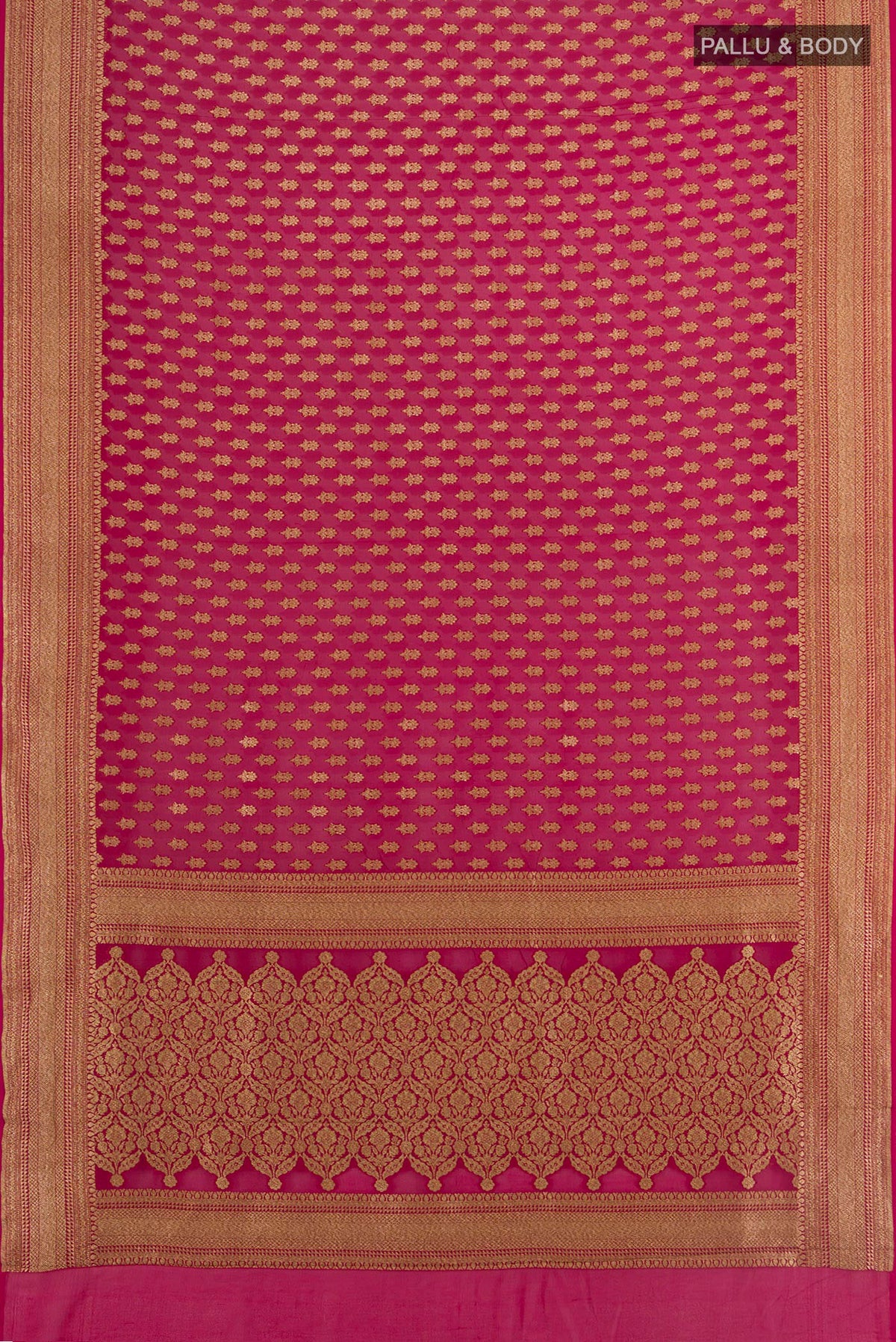 Flat view of Maroon Banarasi Georgette Saree with Zari Butta on the body and Zari Border. 