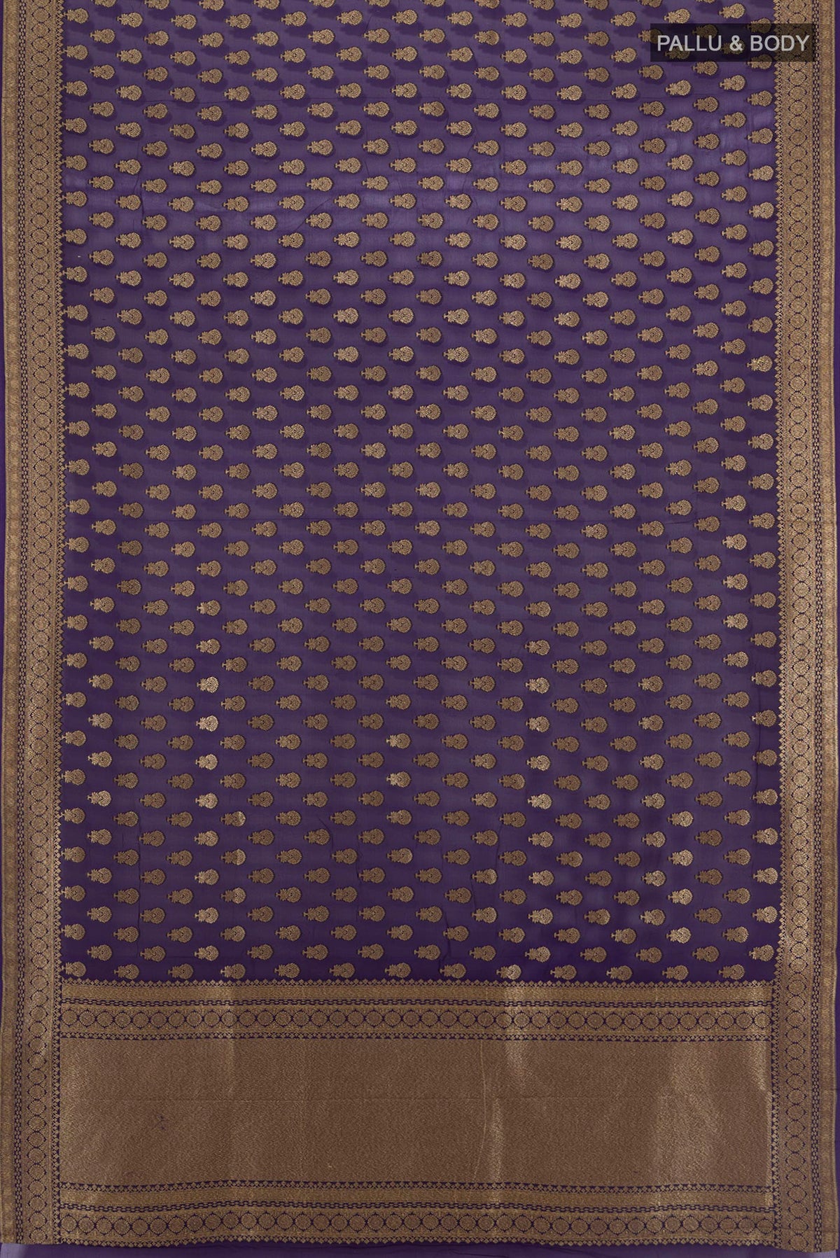 Flat view of Navy Blue Banarasi Georgette Saree with Zari Butta on the body and Zari And Thread Border. 