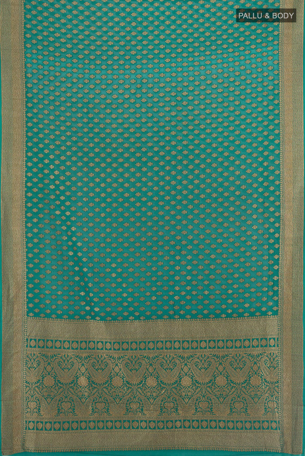 Flat view of Green Banarasi Georgette Saree with Zari Butta on the body and Zari Border. 