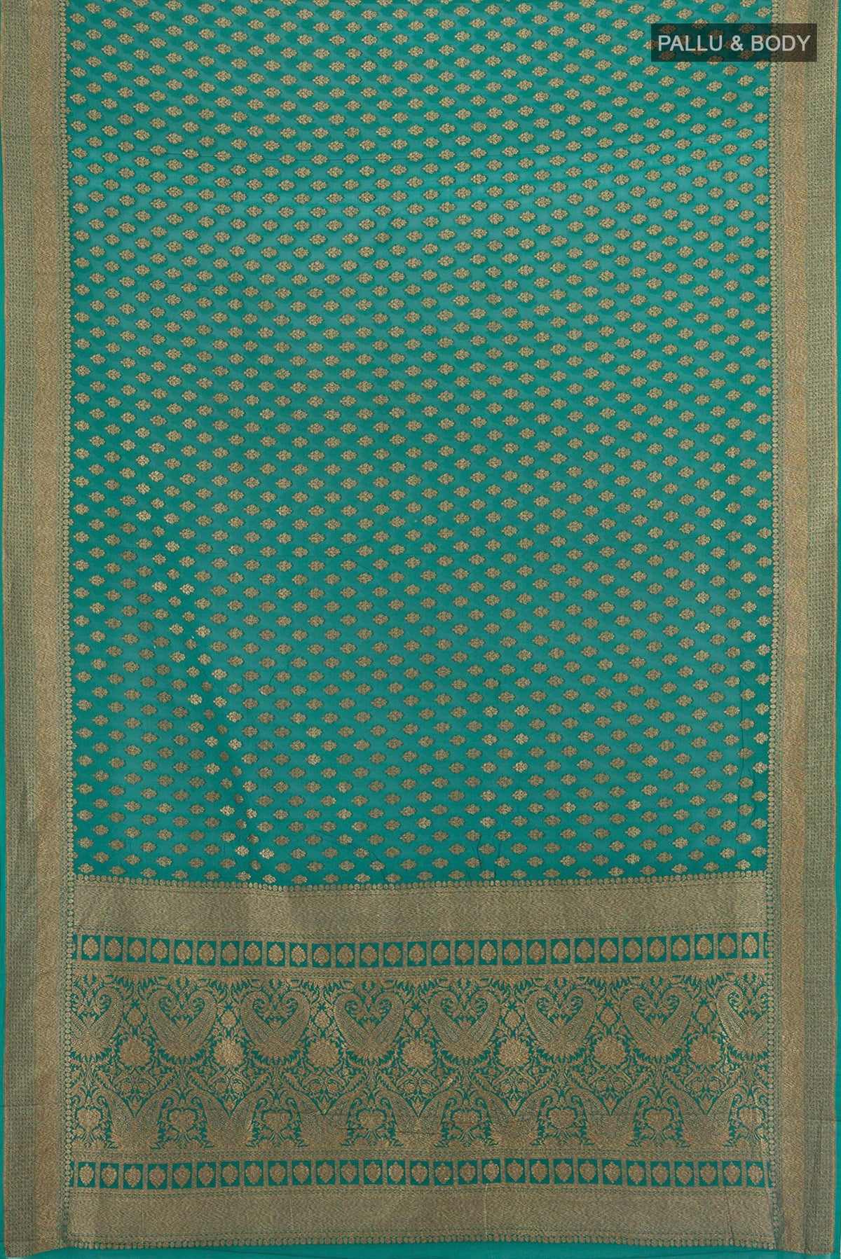 Flat view of Green Banarasi Georgette Saree with Zari Butta on the body and Zari Border. 