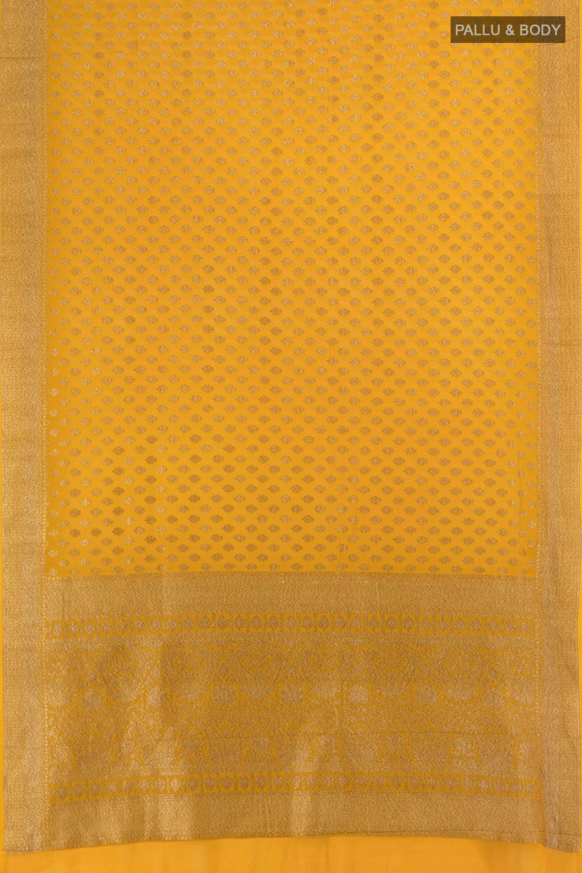 Flat view of Yellow Banarasi Georgette Saree with Zari Brocade on the body and Zari Border. 