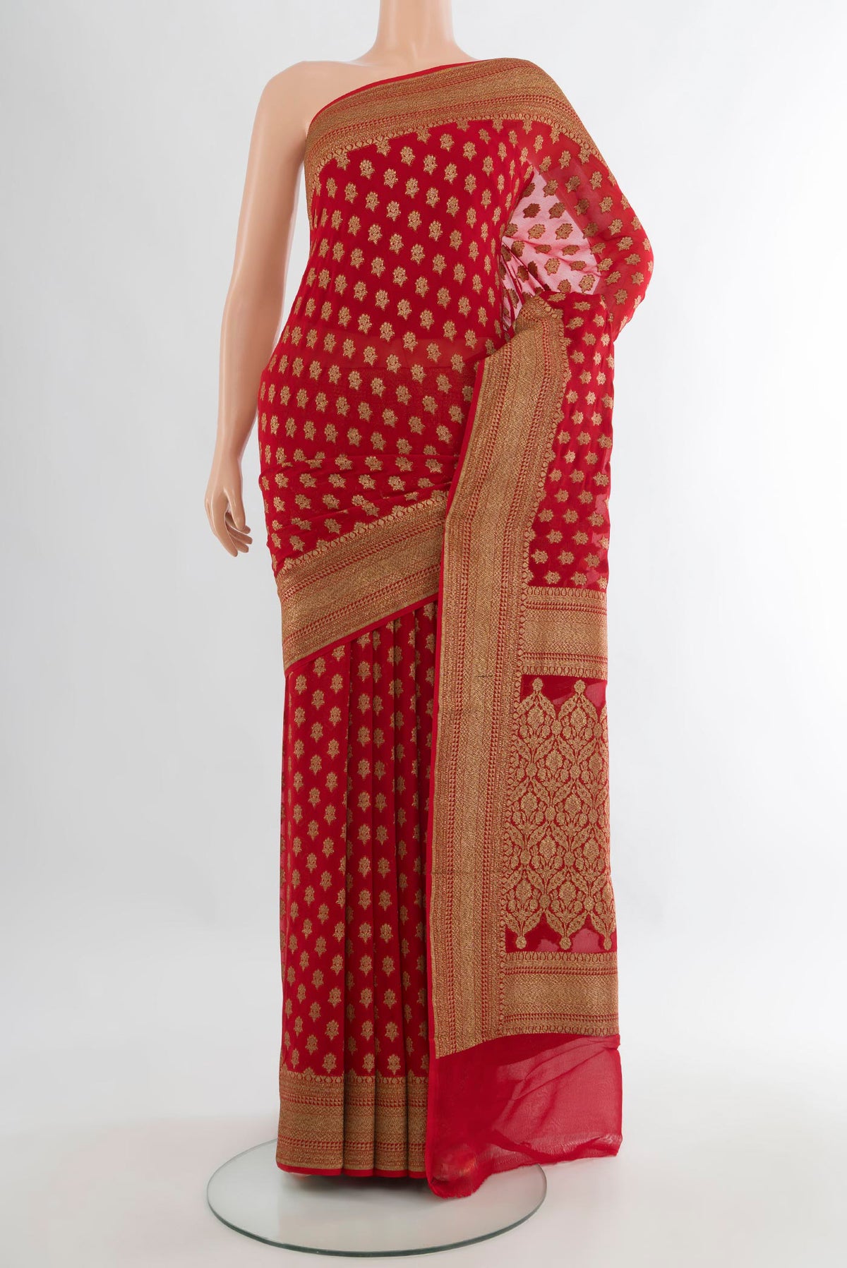 Red Banarasi Georgette Saree with Zari Butta on the body and Zari Border.  displayed on a mannequin