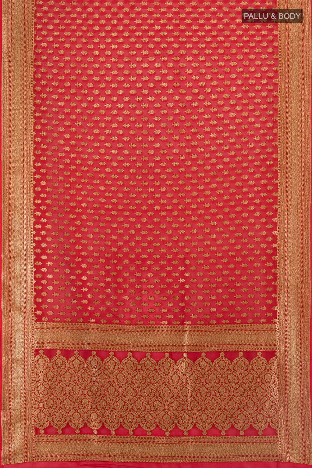 Flat view of Red Banarasi Georgette Saree with Zari Butta on the body and Zari Border. 
