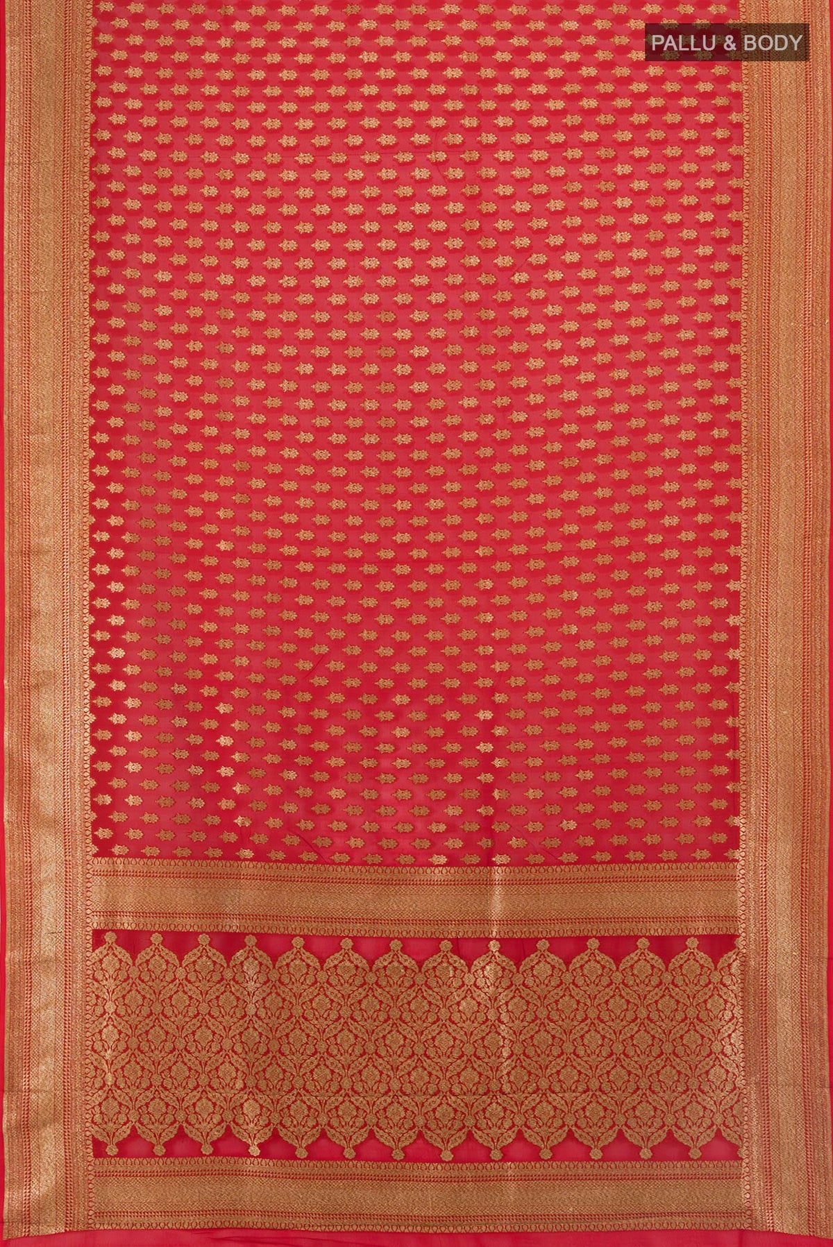 Flat view of Red Banarasi Georgette Saree with Zari Butta on the body and Zari Border. 