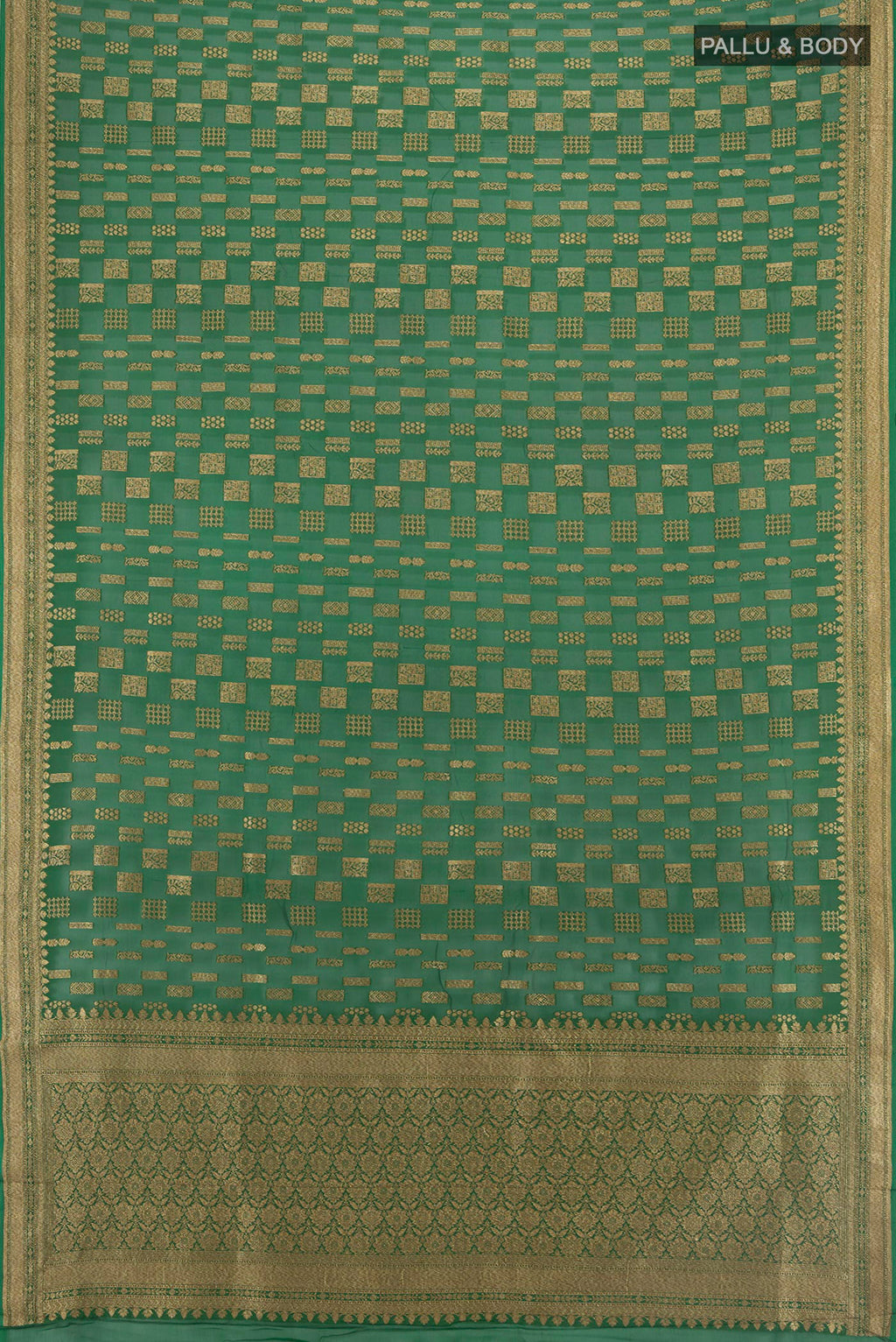 Flat view of Bottle Green Banarasi Georgette Saree with Zari Butta on the body and Zari Border. 
