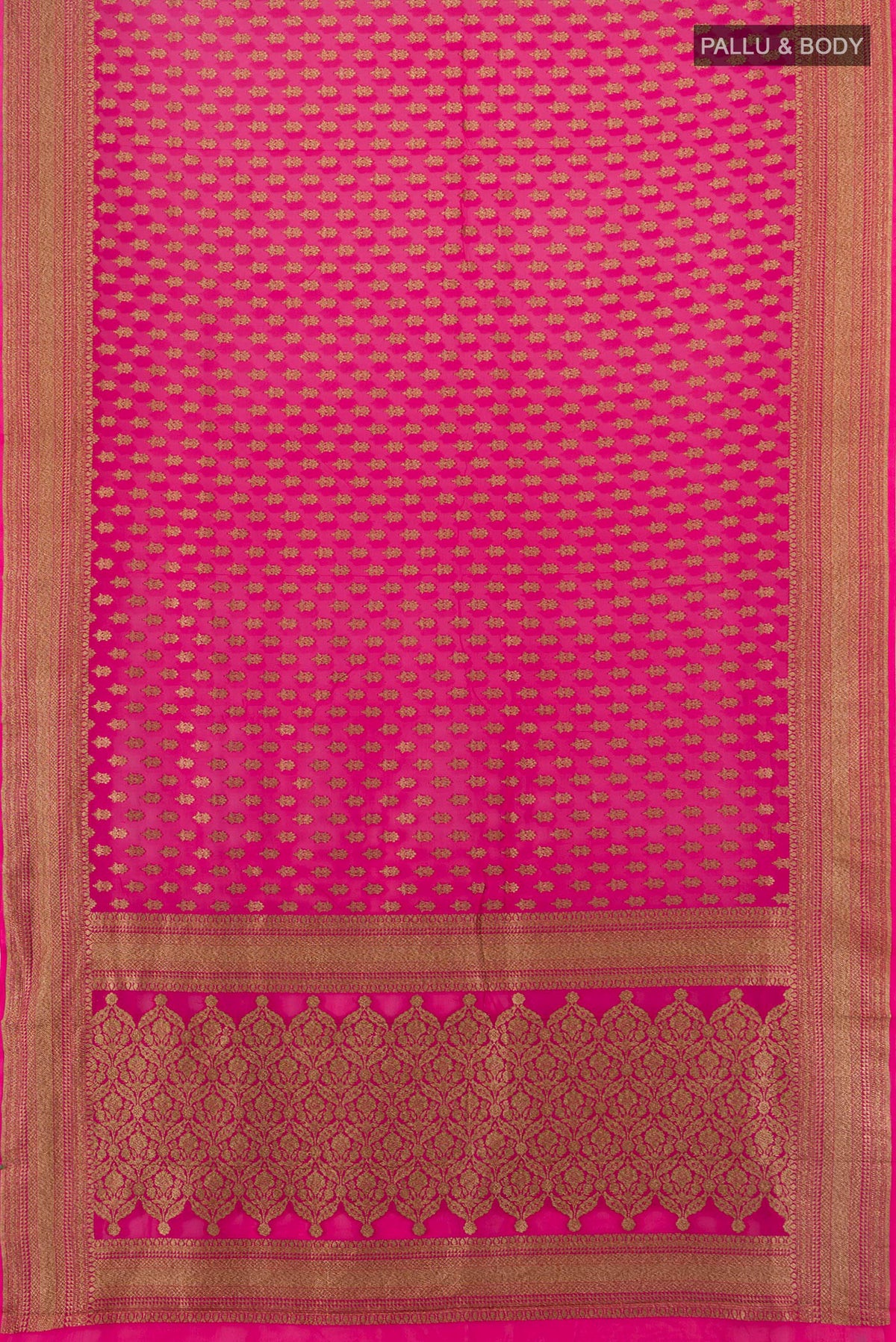 Flat view of Rani Pink Banarasi Georgette Saree with Zari Butta on the body and Zari Border. 