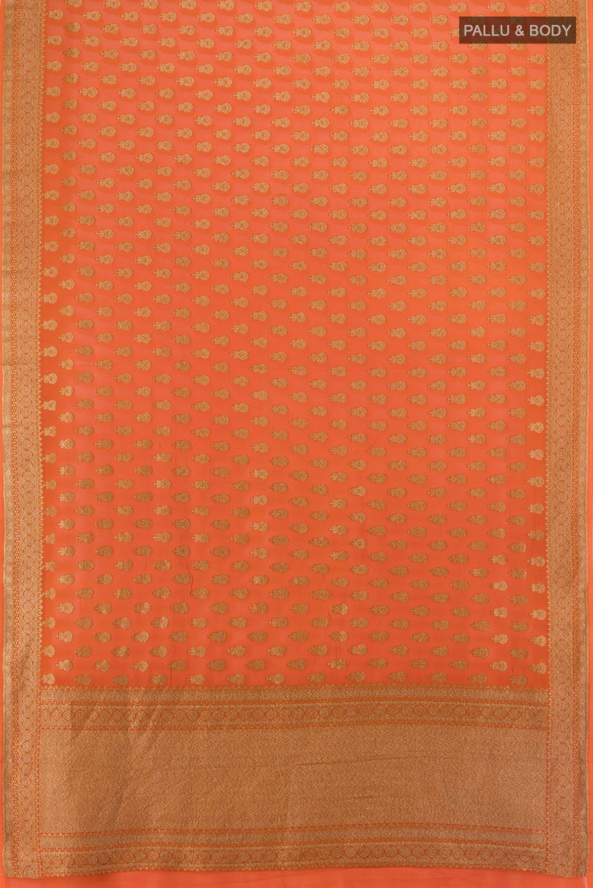 Flat view of Orange Banarasi Georgette Saree with Zari Butta on the body and Zari Border. 