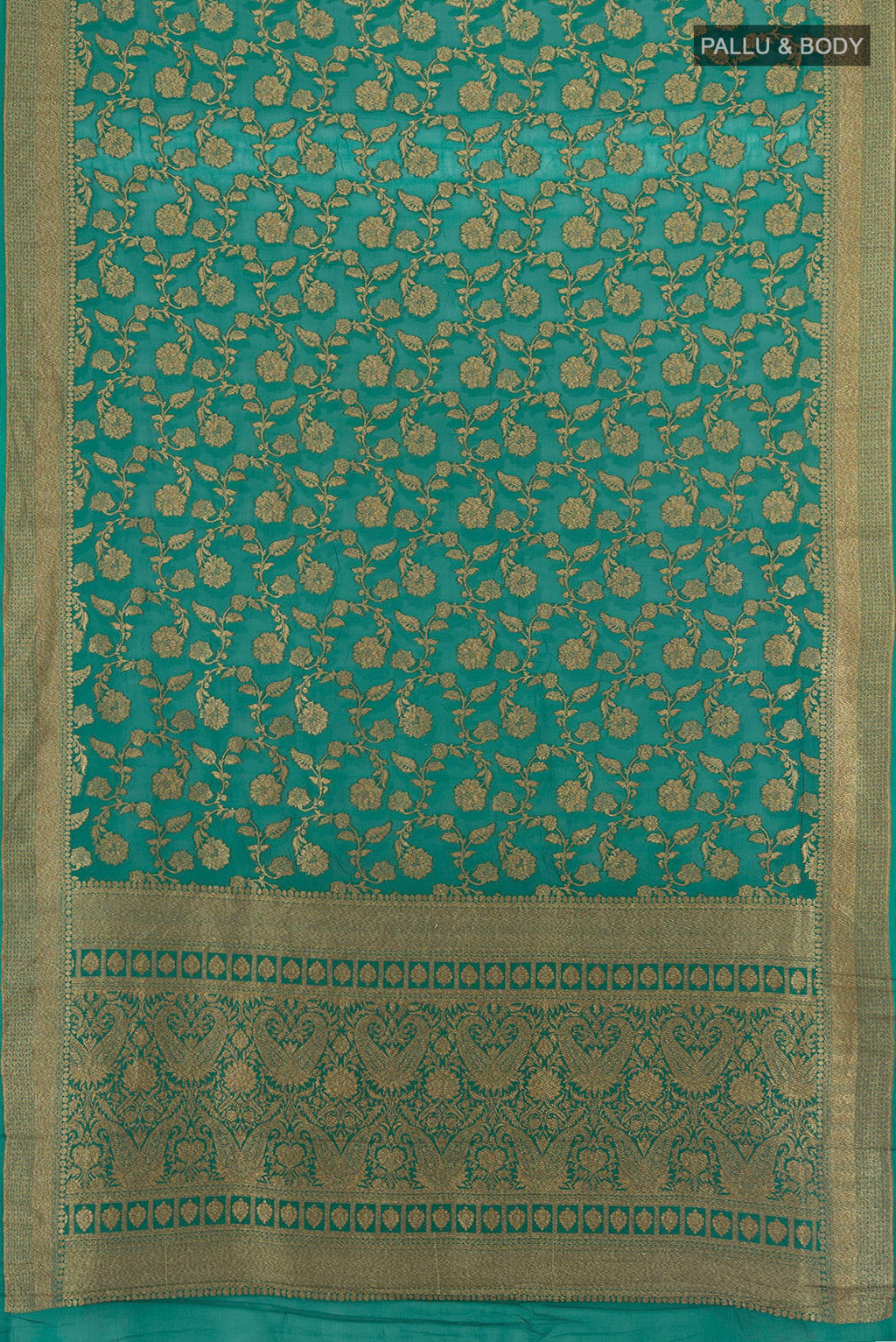 Flat view of Sea Green Banarasi Georgette Saree with Zari Butta on the body and Zari Border. 