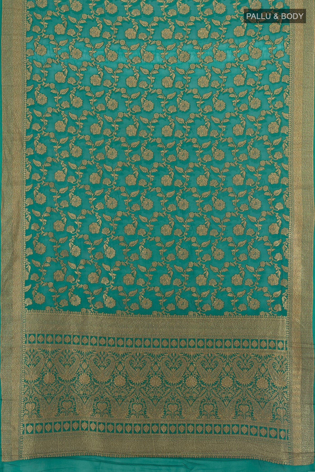 Flat view of Sea Green Banarasi Georgette Saree with Zari Butta on the body and Zari Border. 