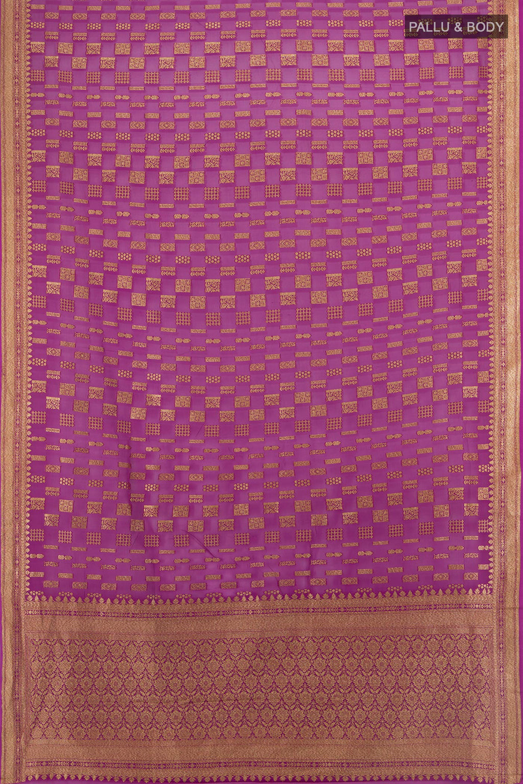 Flat view of Magenta Banarasi Georgette Saree with Zari Butta on the body and Zari Border. 