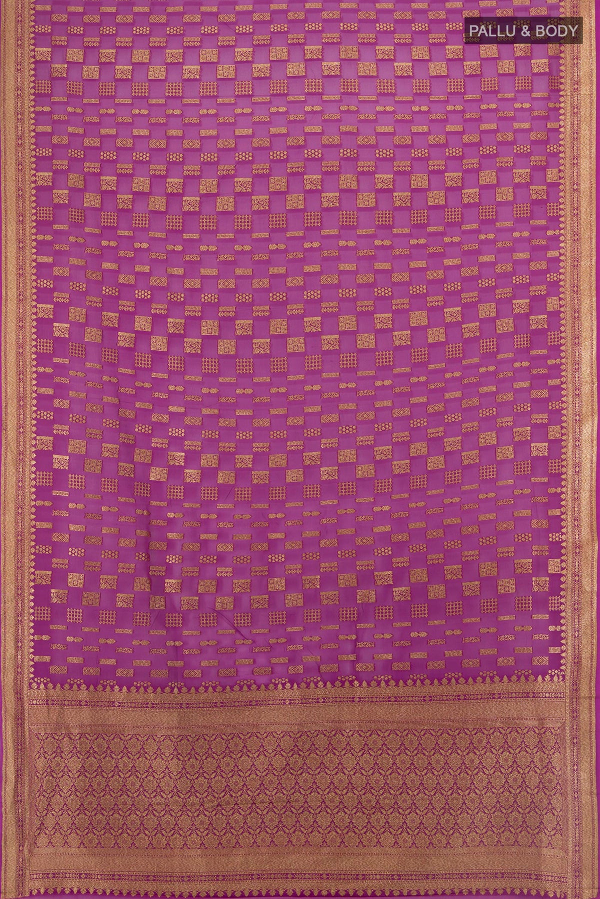 Flat view of Magenta Banarasi Georgette Saree with Zari Butta on the body and Zari Border. 