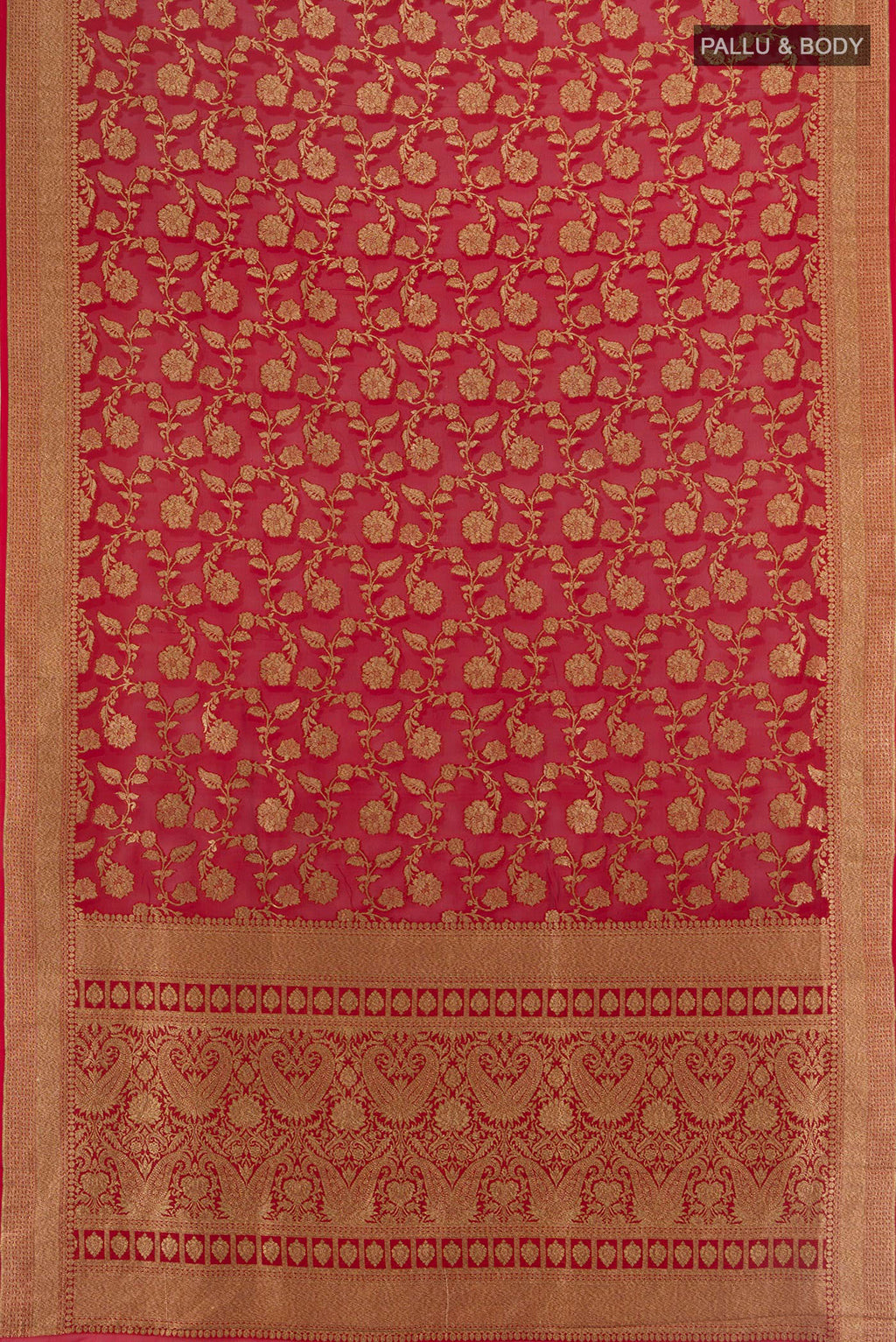 Flat view of Deep Red Banarasi Georgette Saree with Zari Brocade on the body and Zari Border. 