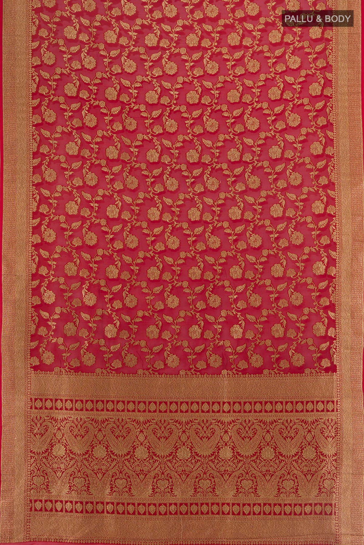 Flat view of Deep Red Banarasi Georgette Saree with Zari Brocade on the body and Zari Border. 