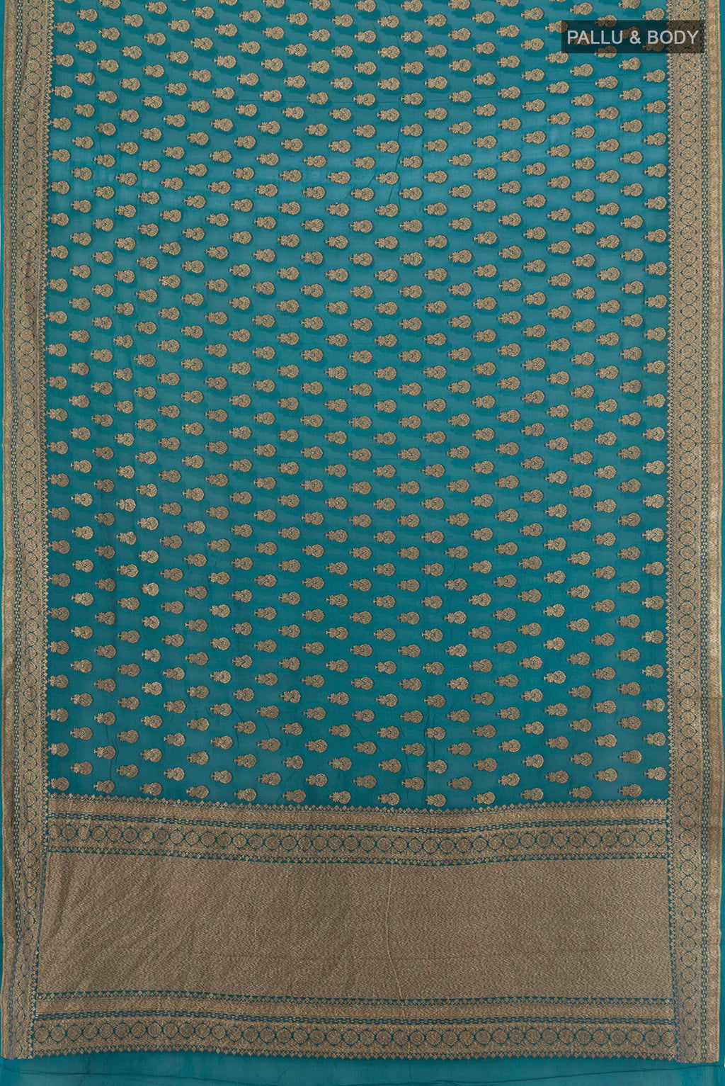 Flat view of Teal Banarasi Georgette Saree with Zari Butta on the body and Zari Border. 