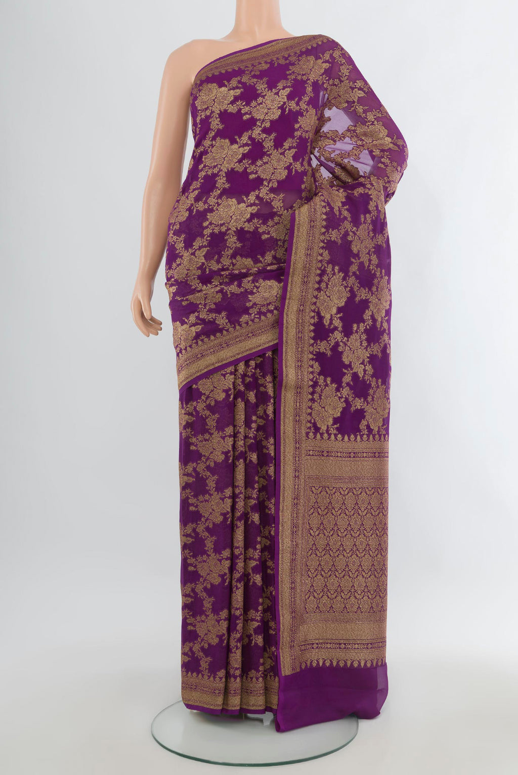 Violet Banarasi Georgette Saree with Zari Brocade on the body and Zari Border.  displayed on a mannequin
