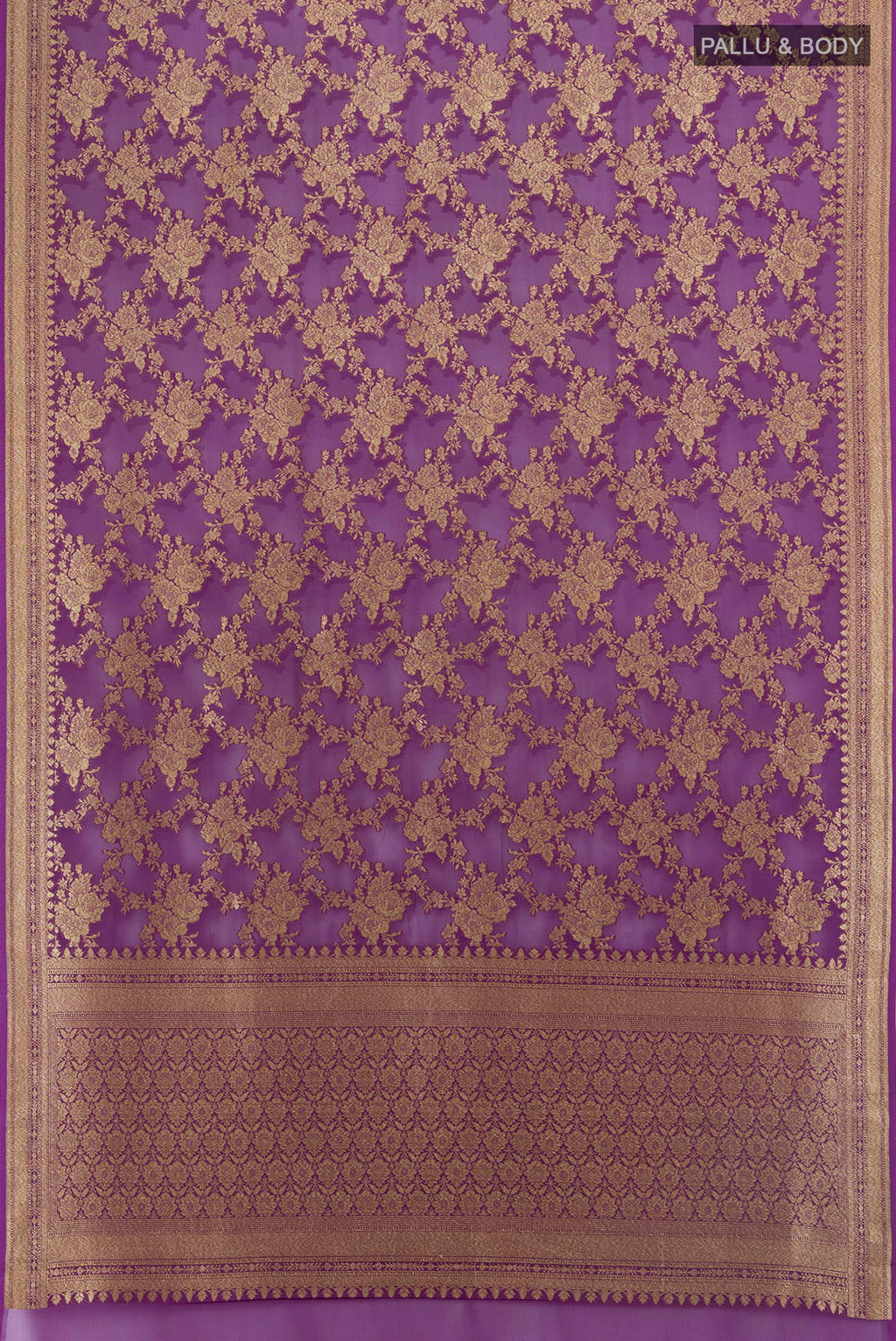 Flat view of Violet Banarasi Georgette Saree with Zari Brocade on the body and Zari Border. 