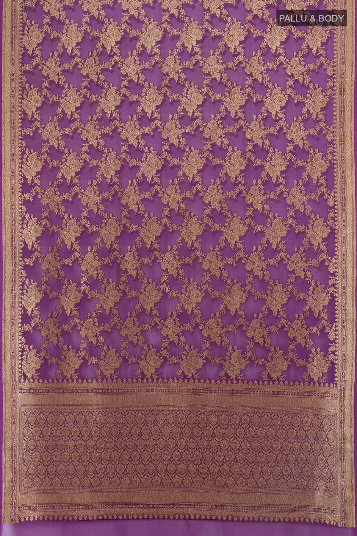 Flat view of Violet Banarasi Georgette Saree with Zari Brocade on the body and Zari Border. 