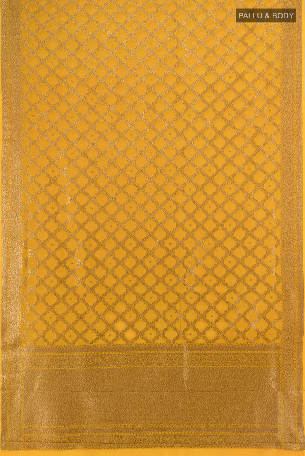 Flat view of Yellow Banarasi Georgette Saree with Checked design on the body and Zari Border. 