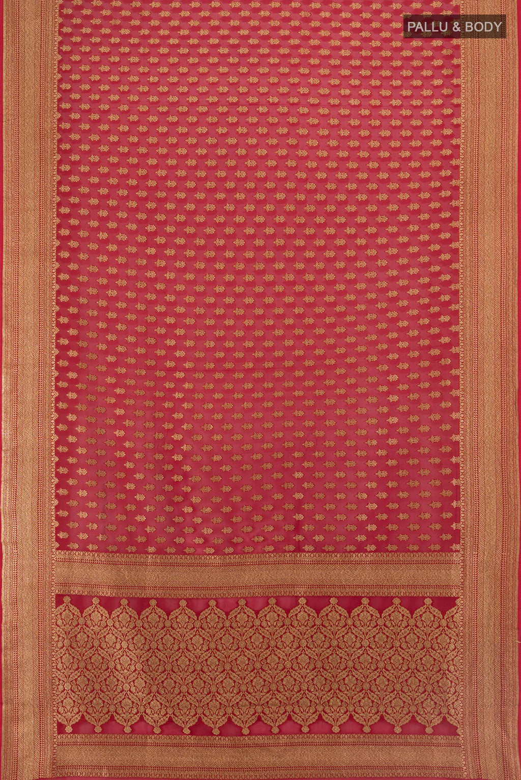 Flat view of Red Banarasi Georgette Saree with Zari Butta on the body and Zari Border. 
