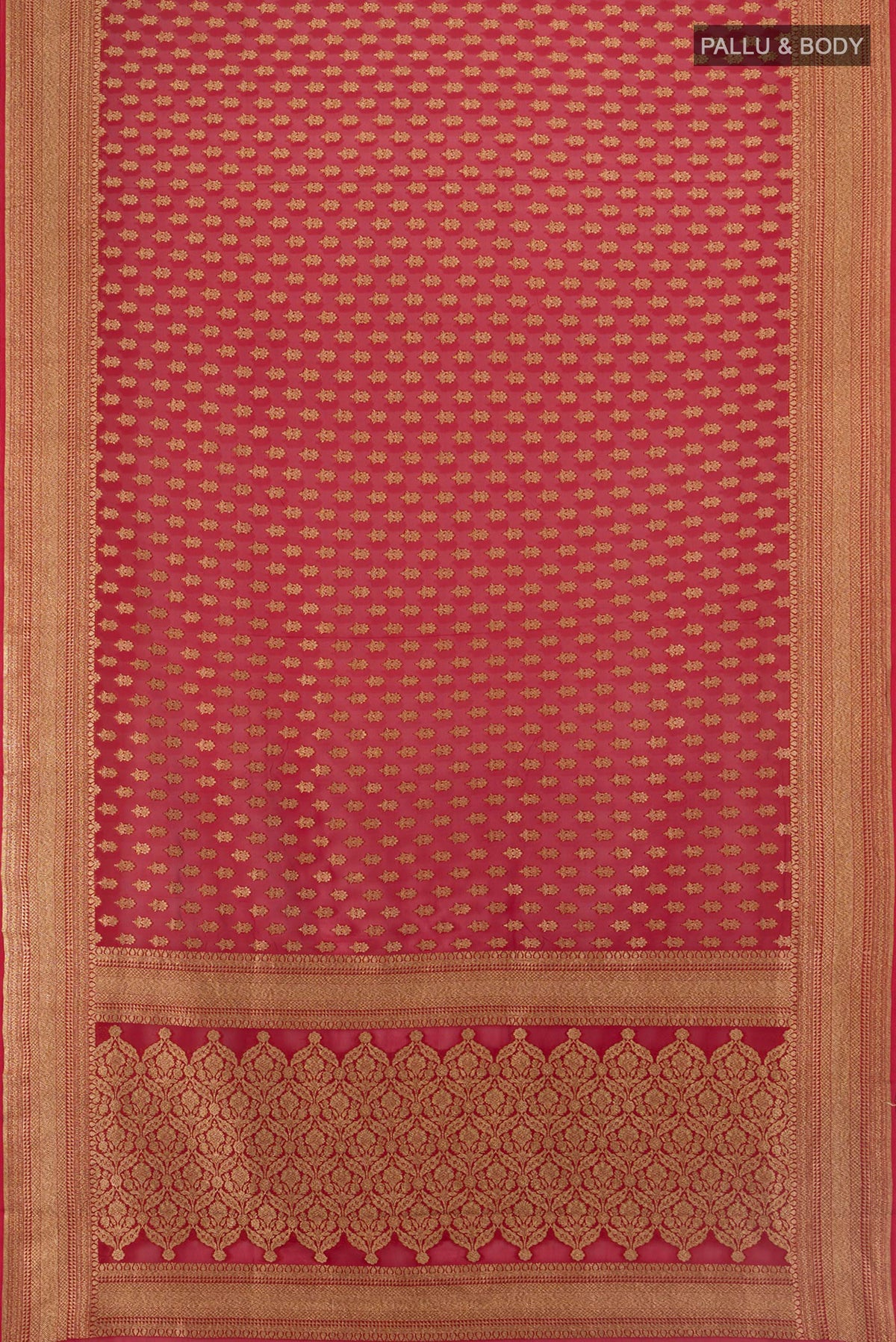 Flat view of Red Banarasi Georgette Saree with Zari Butta on the body and Zari Border. 
