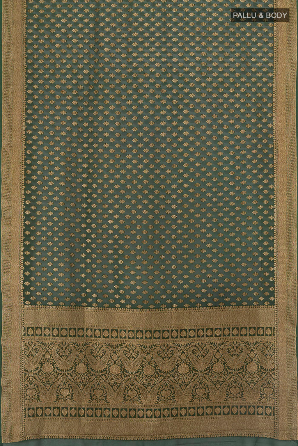 Flat view of Bottle Green Banarasi Georgette Saree with Zari Butta on the body and Zari Border. 