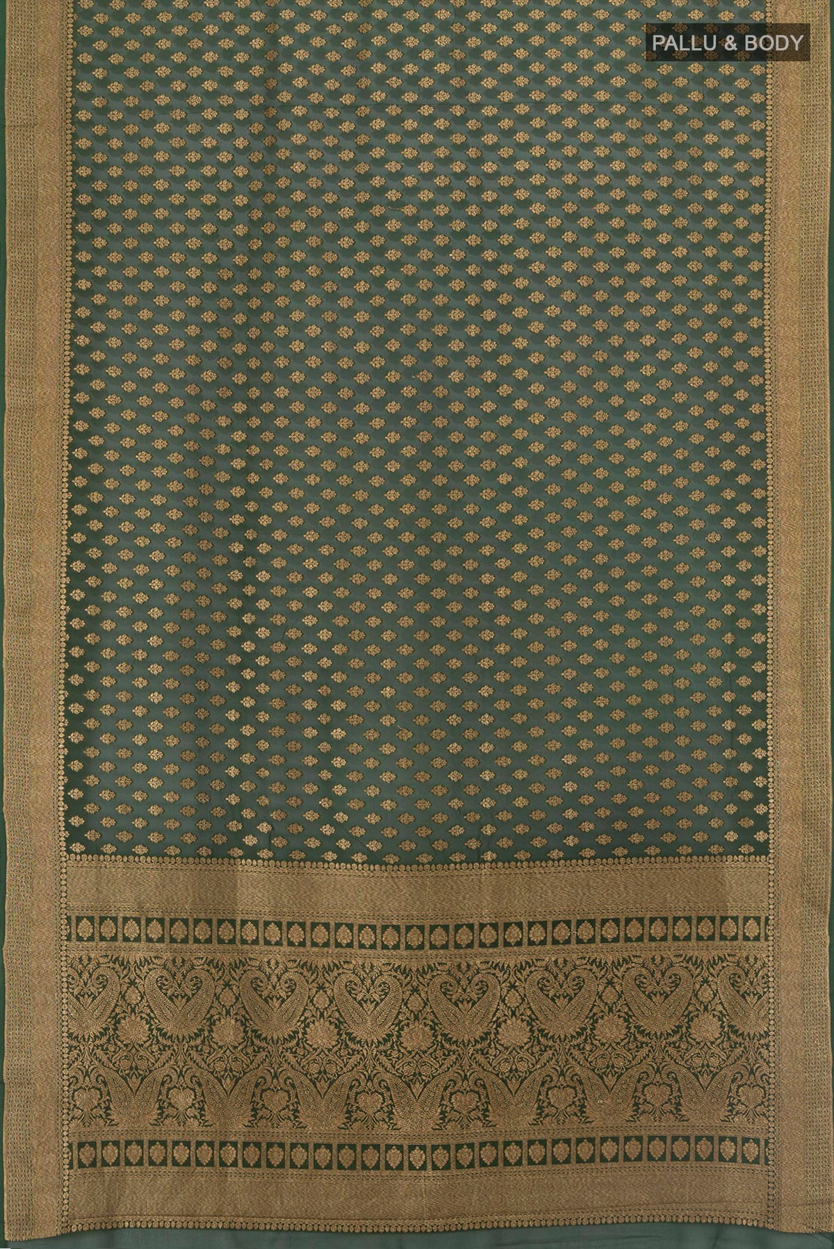 Flat view of Bottle Green Banarasi Georgette Saree with Zari Butta on the body and Zari Border. 