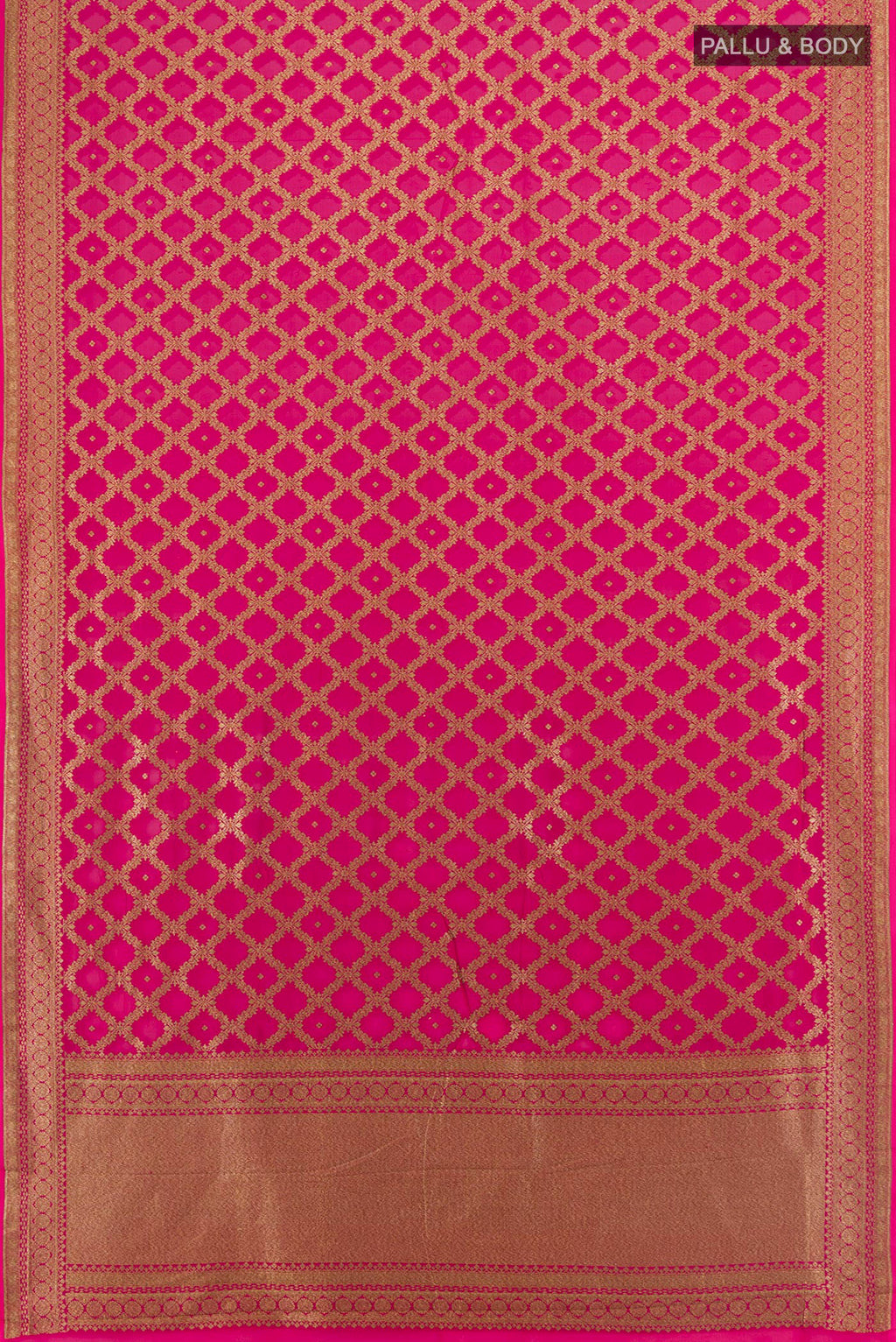 Flat view of Rani Pink Banarasi Georgette Saree with Zari Brocade on the body and Zari Border. 
