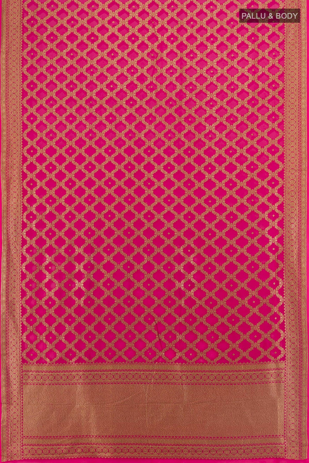 Flat view of Rani Pink Banarasi Georgette Saree with Zari Brocade on the body and Zari Border. 