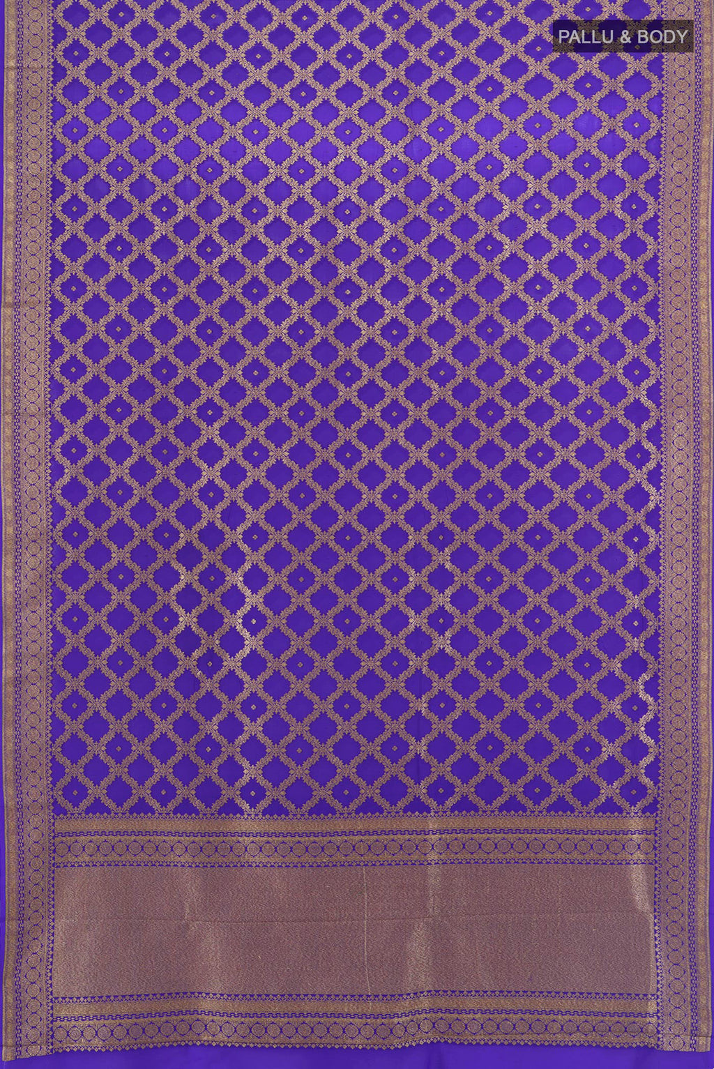 Flat view of Royal Blue Banarasi Georgette Saree with Zari Butta on the body and Zari Border. 