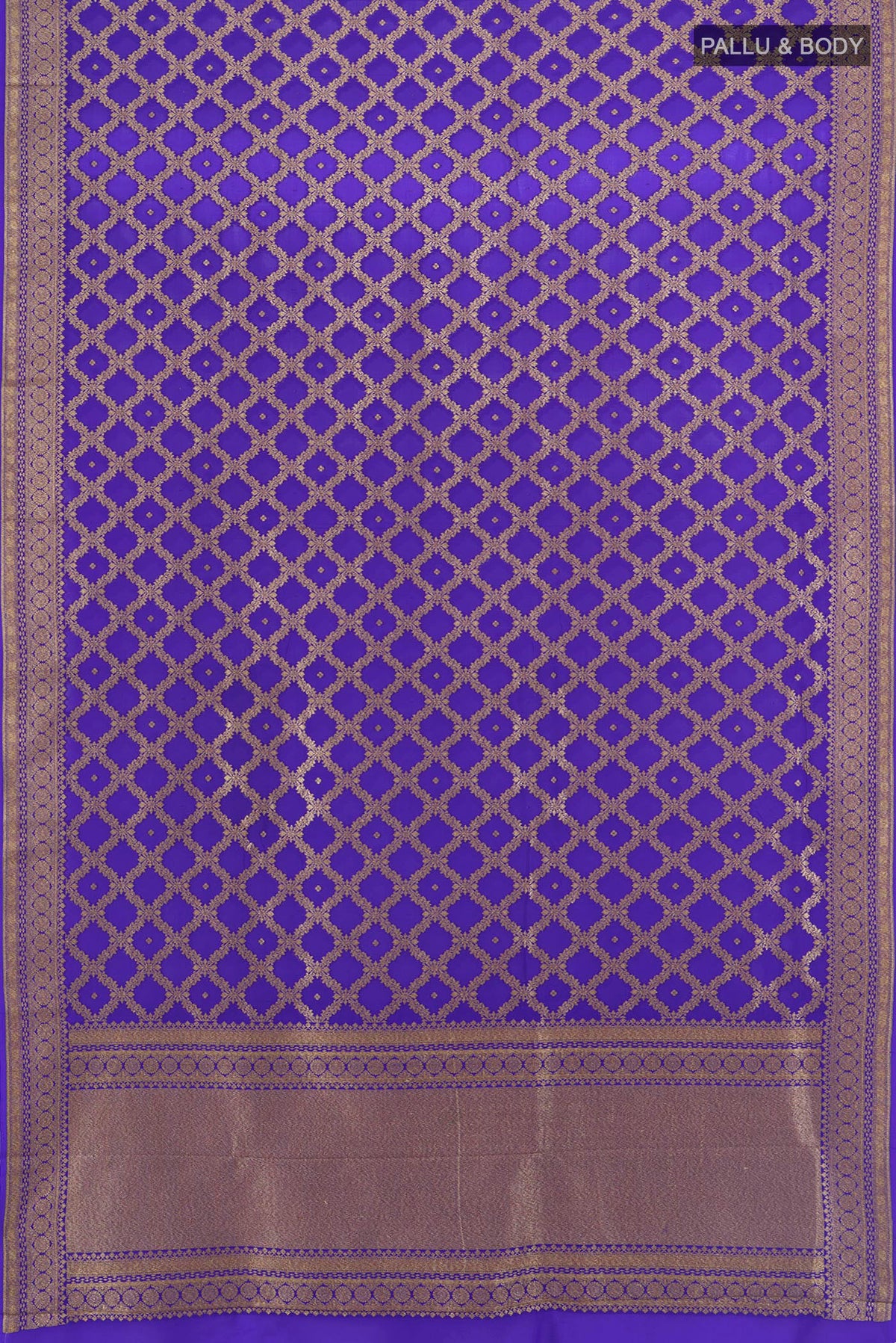 Flat view of Royal Blue Banarasi Georgette Saree with Zari Butta on the body and Zari Border. 