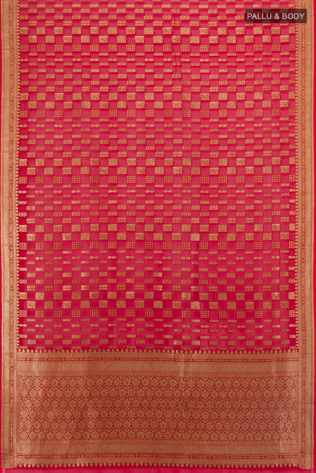 Flat view of Red Banarasi Georgette Saree with Zari Butta on the body and Zari Border. 