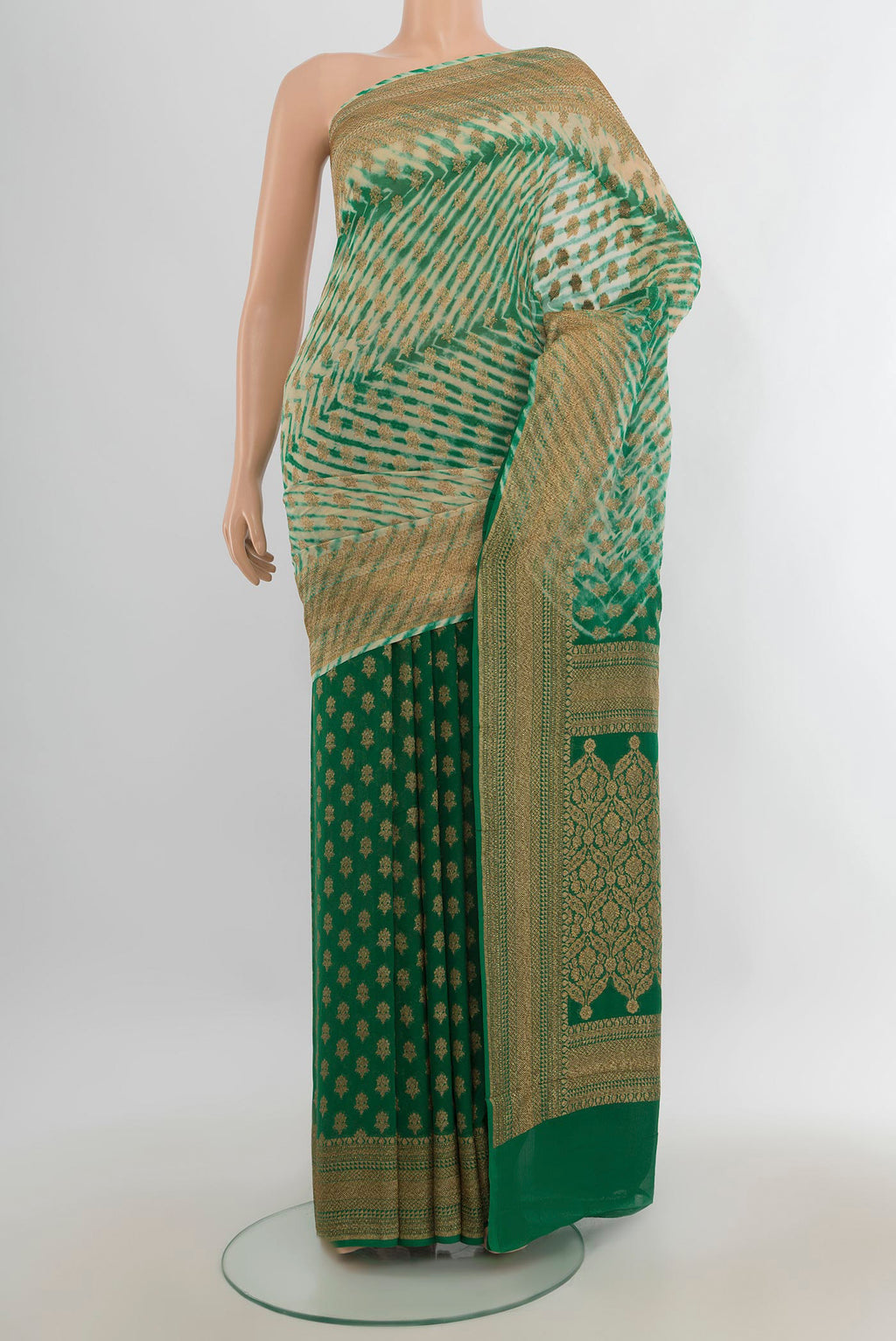 Multi Color Banarasi Georgette Saree with Zari Butta on the body and Silk Border.  displayed on a mannequin