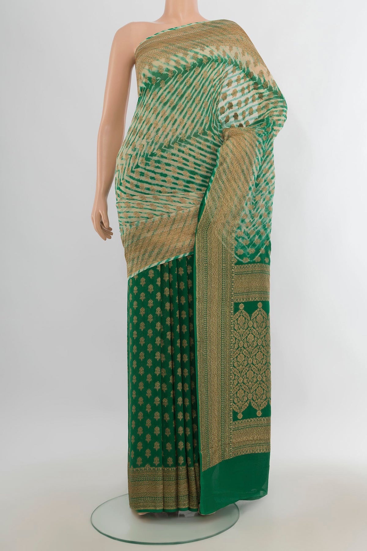 Multi Color Banarasi Georgette Saree with Zari Butta on the body and Silk Border.  displayed on a mannequin