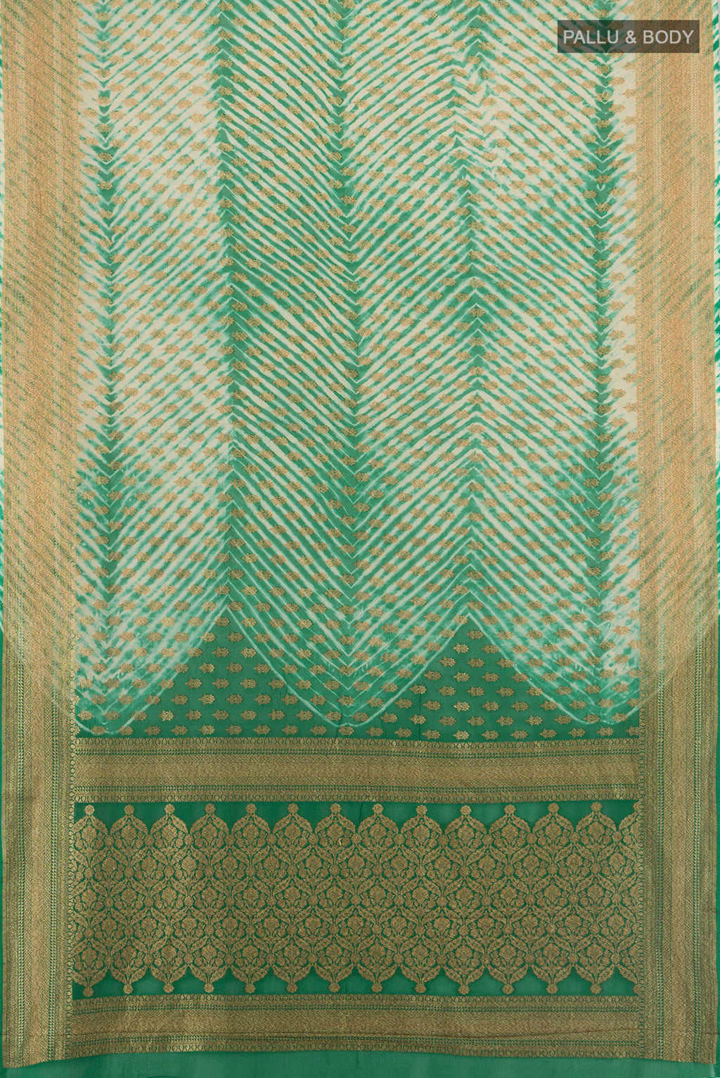 Flat view of Multi Color Banarasi Georgette Saree with Zari Butta on the body and Silk Border. 