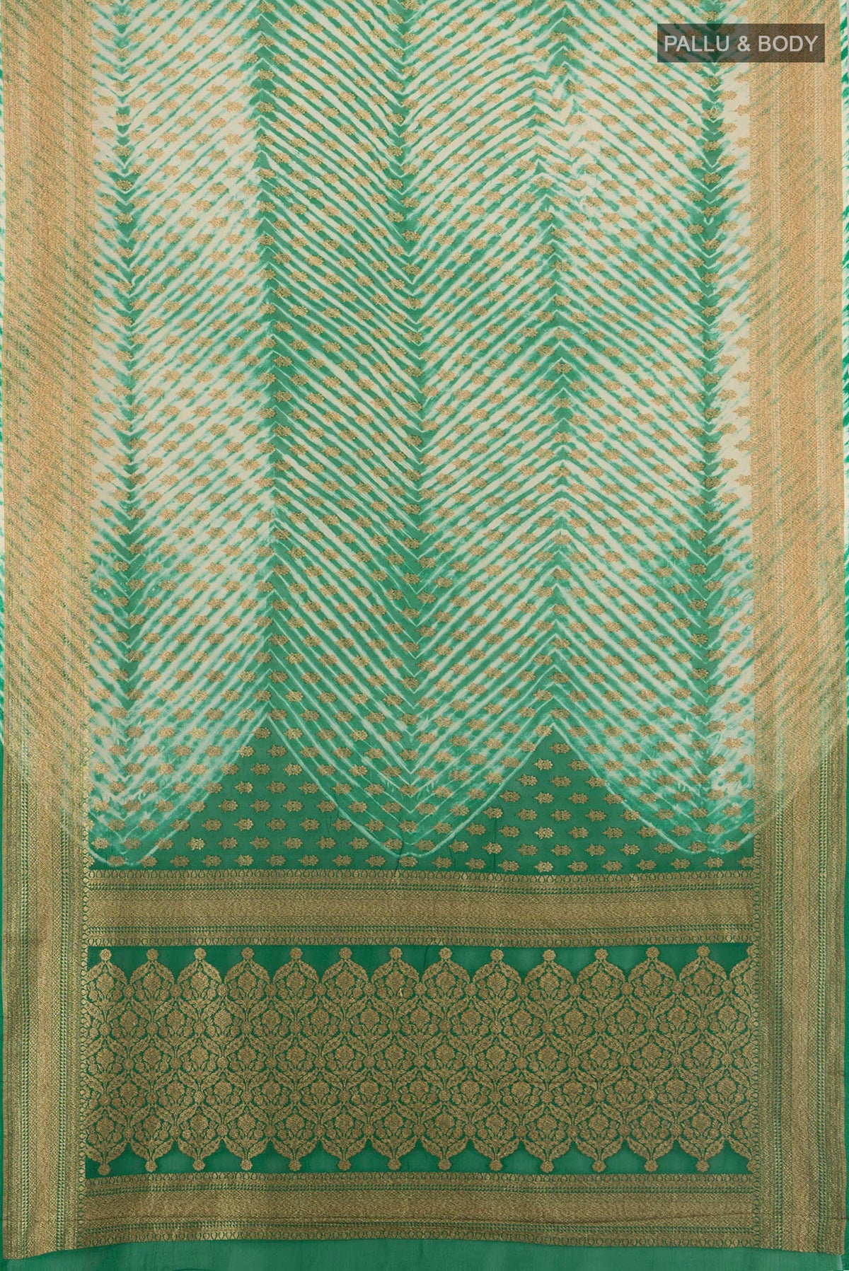 Flat view of Multi Color Banarasi Georgette Saree with Zari Butta on the body and Silk Border. 