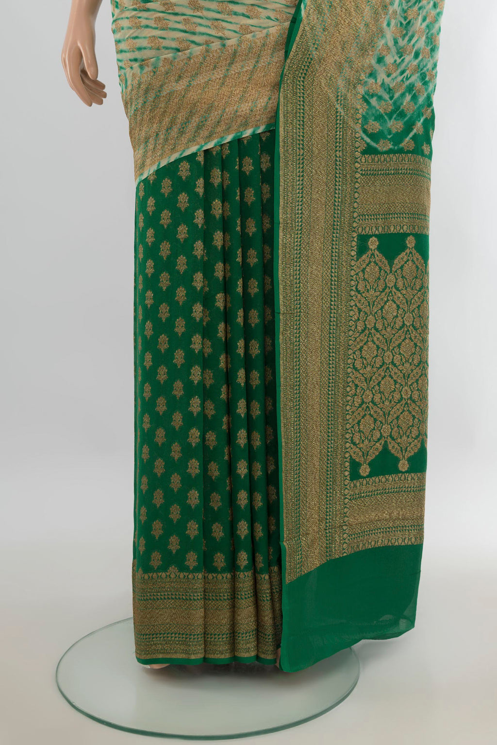 Pleats and pallu of Multi Color Banarasi Georgette Saree with Zari Butta on the body and Silk Border. 