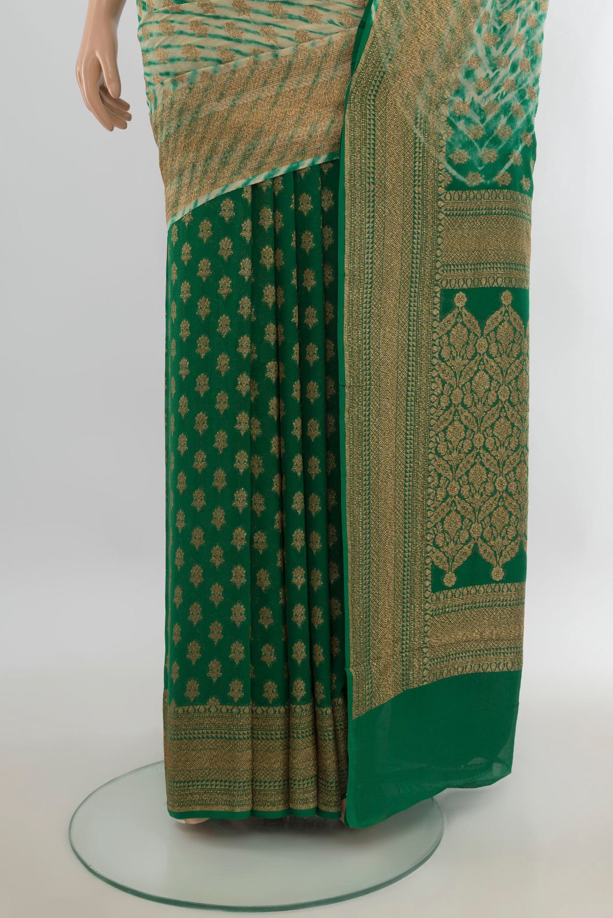 Pleats and pallu of Multi Color Banarasi Georgette Saree with Zari Butta on the body and Silk Border. 