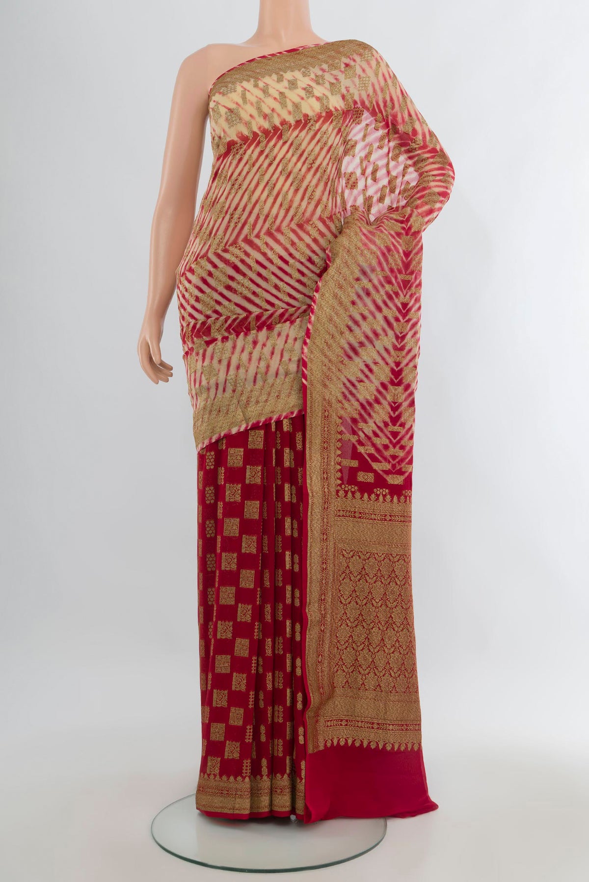 Multi Color Banarasi Georgette Saree with Zari Butta on the body and Zari Border.  displayed on a mannequin
