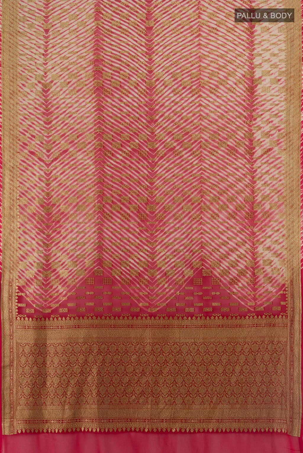 Flat view of Multi Color Banarasi Georgette Saree with Zari Butta on the body and Zari Border. 
