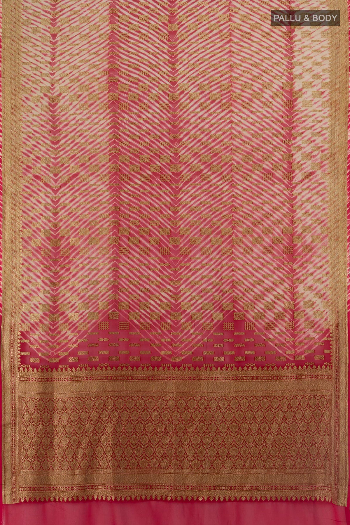 Flat view of Multi Color Banarasi Georgette Saree with Zari Butta on the body and Zari Border. 