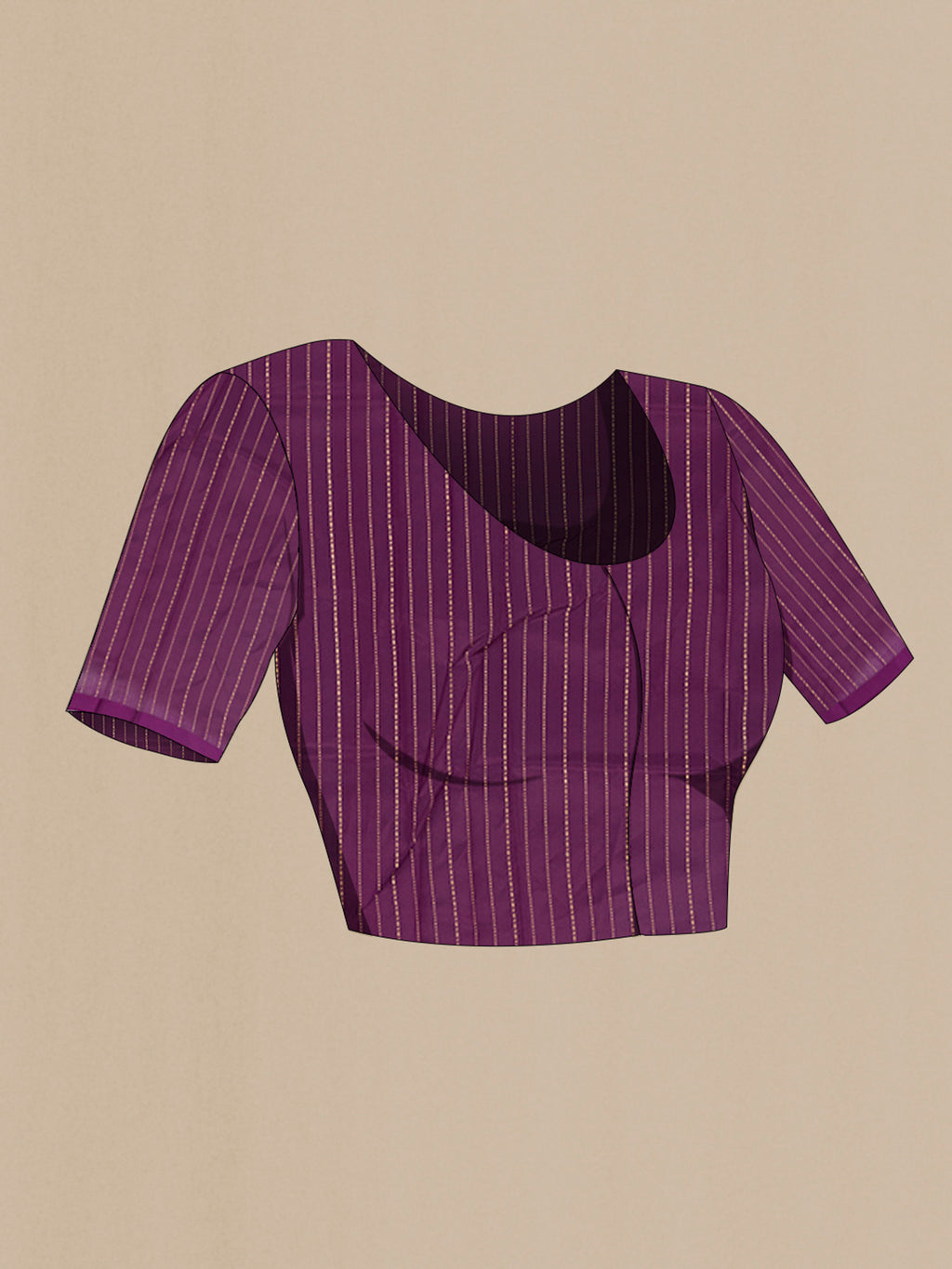 Close up image of the blouse of Pure Silk Violet Banarasi Katan Saree with Zari Butta on the body and Without Border. 