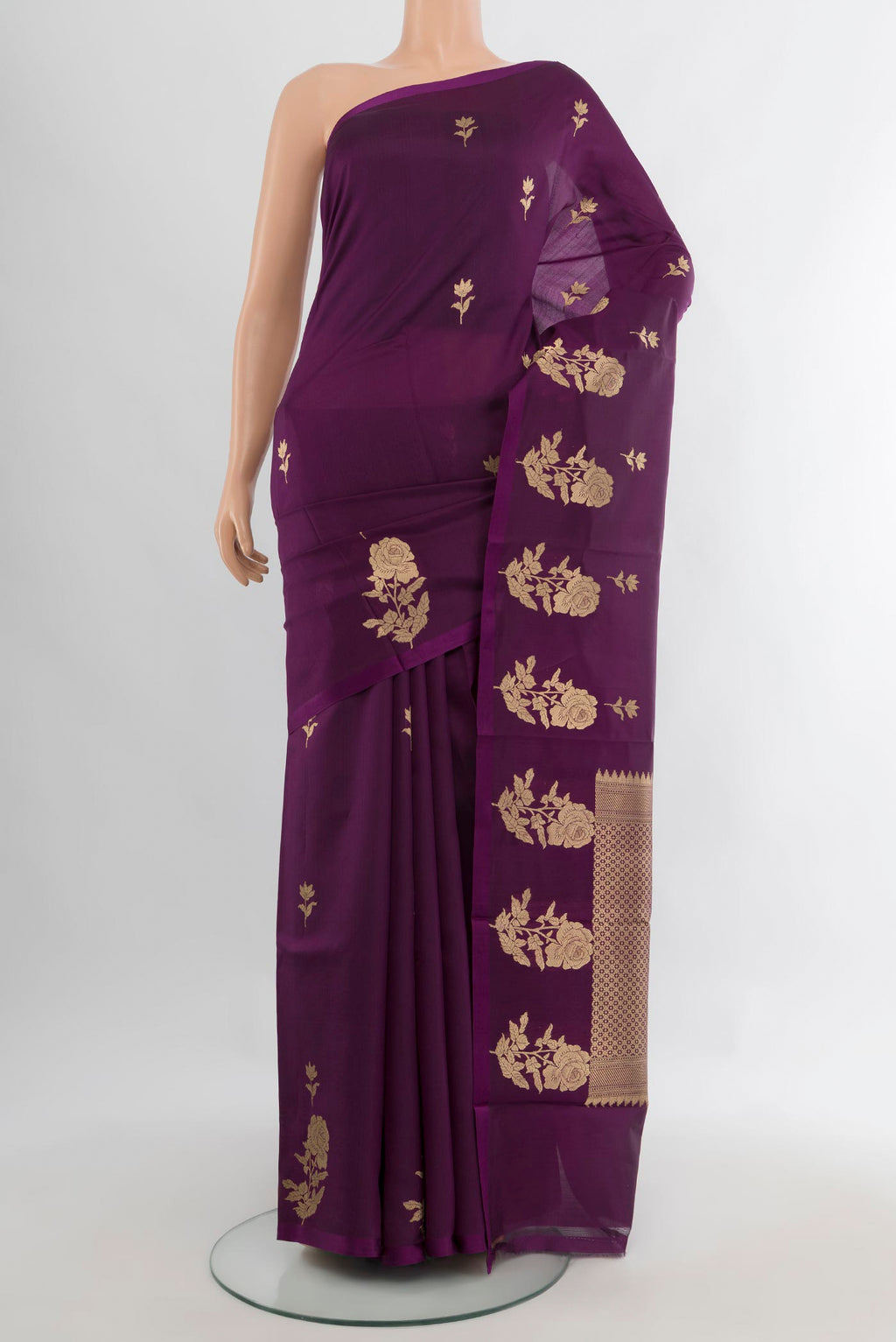Pure Silk Violet Banarasi Katan Saree with Zari Butta on the body and Without Border.  displayed on a mannequin